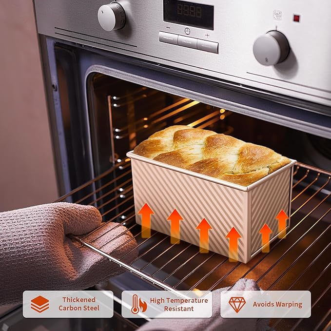 2 Pack Pullman Loaf Pan with Lid, 1 lb Dough Capacity Non-Stick Bakeware for Baking Bread, Carbon Steel Bread Toast Box with Cover, Homemade Sandwich Toast, Gold