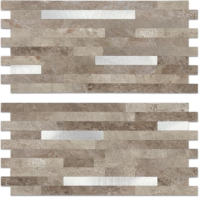 Yipscazo 20 Sheets PVC Wall Tiles Stick on Tiles for Backsplash Kitchen, Bathroom, Laundry Room, Camper, Fireplace (6'' X 12'', Brownish Stone)