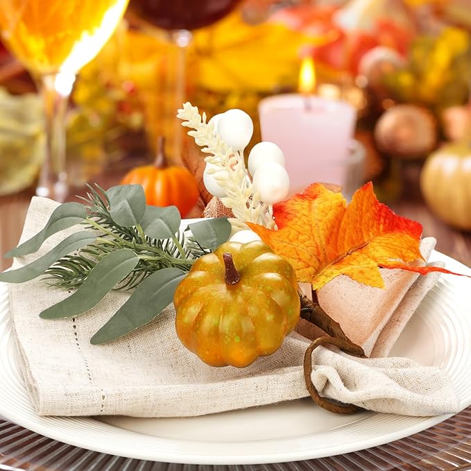 Set of 6 Pcs Thanksgiving Napkin Rings Pumpkin Artificial Maple Leaf Ring Holder for Table Dinner Thanksgiving Retro Pumpkin Napkin Holder for Fall Gathering Wedding Dinner Table Decoration