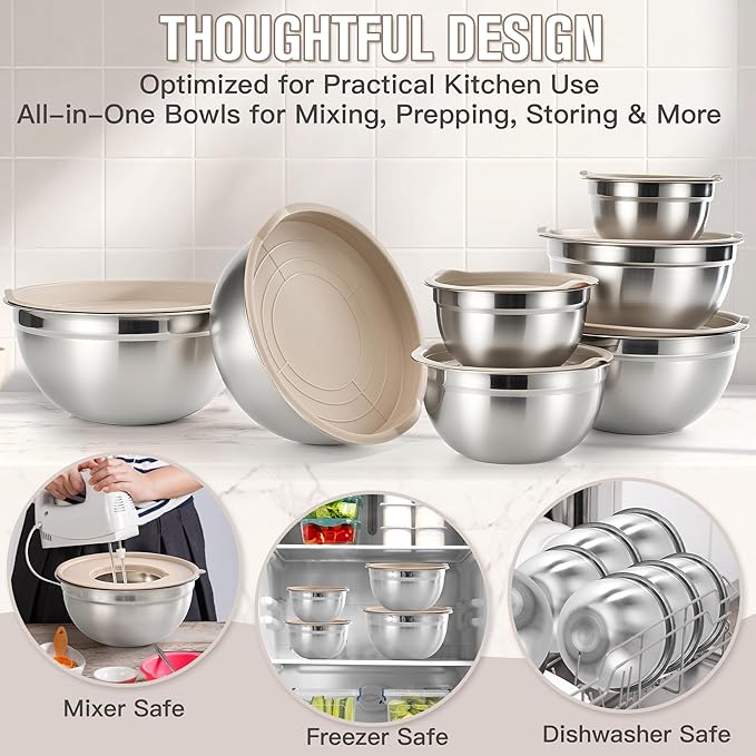 21PCS Mixing Bowls with Lids Set, 7 Mixing Bowls & 14 Measuring Spoons, Stainless Steel Nesting Bowls for Baking & Cooking Prepping Space Saving Storage, Kitchen Essentials, 0.6-5.5QT