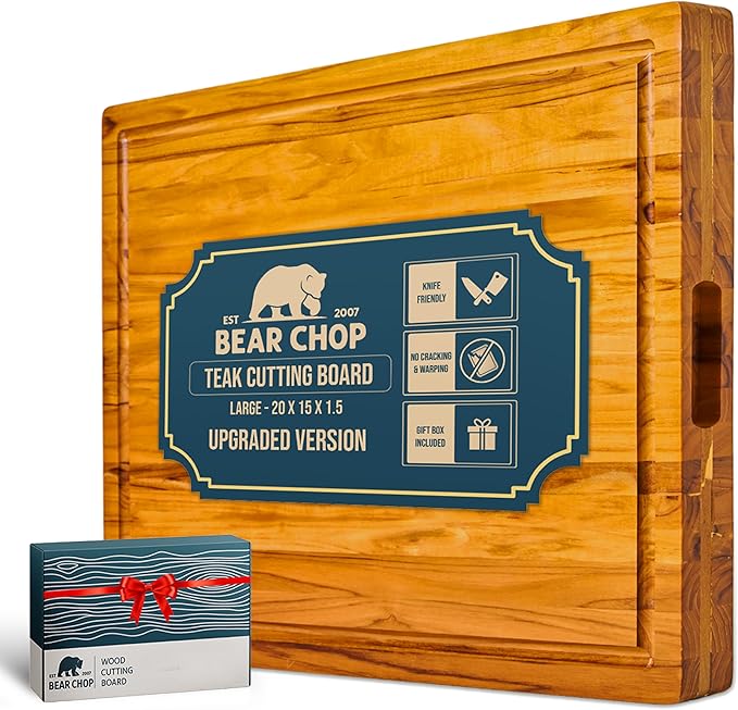 Bearchop Teak Cutting Boards for Kitchen, [20" x 15" x 1.5"] Large Edge Grain Cutting Boards, Solid Teak Wood Butcher Block Cutting Board with Juice Grooves and Handle, Knife Friendly and Reversible