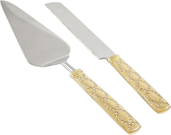Server Set, Cake, Pie, Desert Flatware Set, Glitter Crystal Studs Design, 2-piece 18/10 Stainless steel with brass handles (light antique gold finish)…
