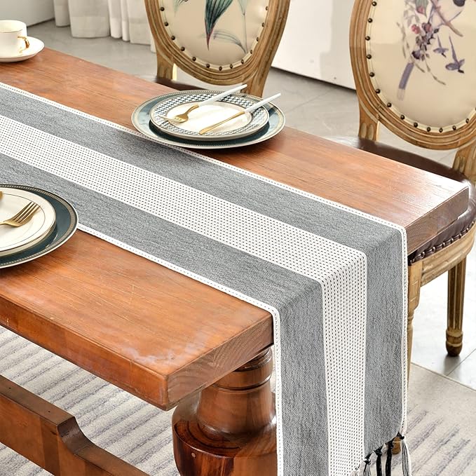 Wracra Linen Table Runner, Farmhouse Macrame Table Runners 36 Inches Long for Dining Table Decor, Wedding, Party and Dresser Decor (Black,36")