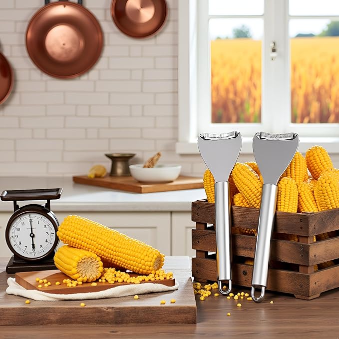 2Pcs Silver Corn Peeler Corn Planer Thresher Corn Kernel Remover Tool Stainless Steel Corn Peeler for Corn On The Cob Corn Cutter Corn Scraper with Ergonomic Handle for Kitchen Corn Stripper Tool