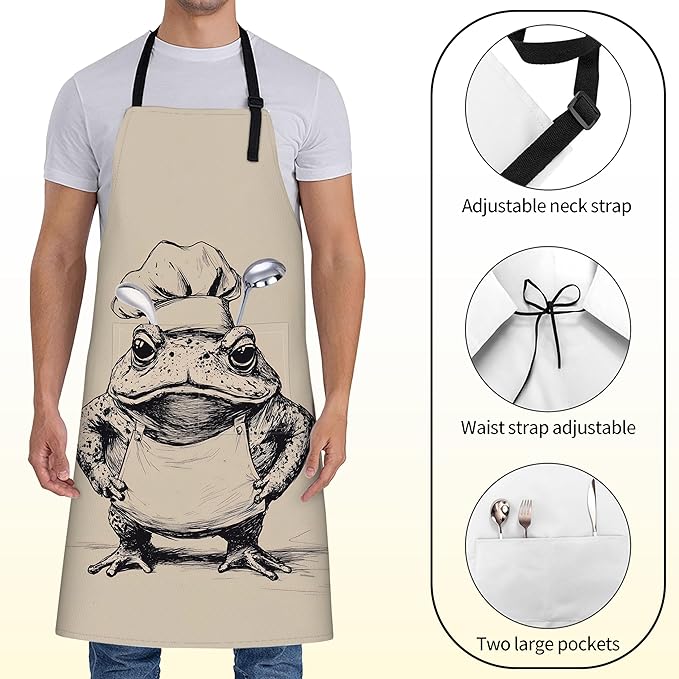 Funny Chef Frog Apron for Women Men,28x33in,Whimsical Kitchen Aprons with 2 Pockets,Oxford Fabric,Playful Adjustable Apron for Cooking Baking Gardening,Gifts for Mom Wife