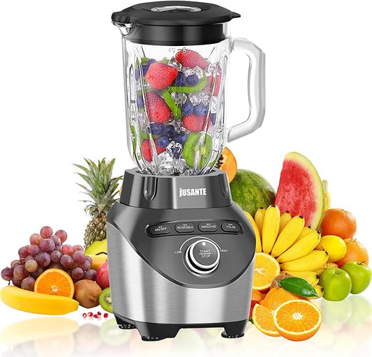 JUSANTE Professional Blender with 1200 Watts and 64 oz Glass Jar Kitchen Countertop Blender for Shakes and Smoothies with High Speed Total Crushing Smoothie Blender Black for Smoothies Frozen Drinks
