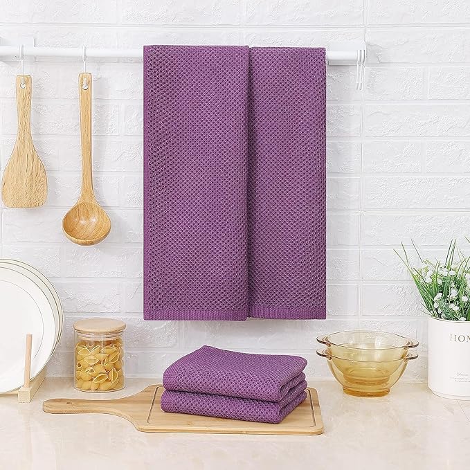 Kitinjoy 100% Cotton Waffle Weave Kitchen Towels, 6-Pack Soft lint Free and Absorbent Dish Towels for Kitchen Drying Dishes Hand Towels, 13 in x 28 in, Violet
