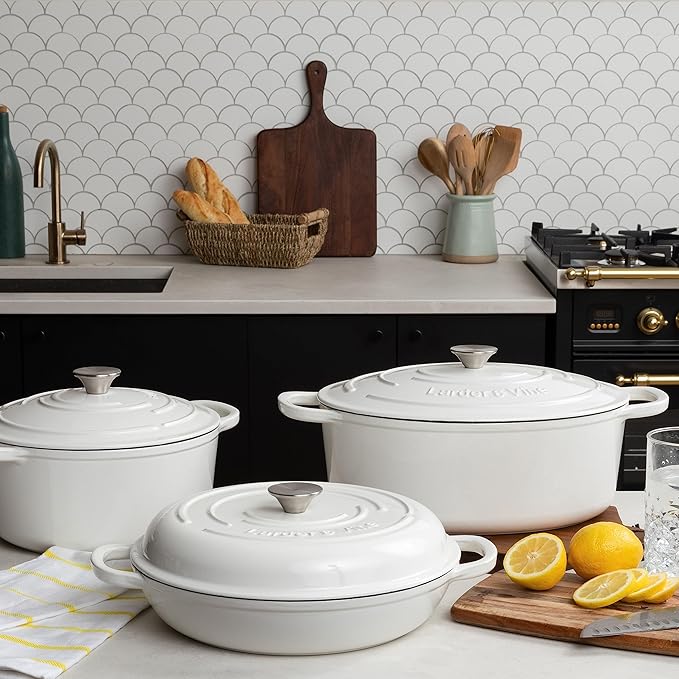 Larder & Vine 6-Piece Enameled Cast Iron Pan Cookware Sets, Includes 8 Quart and 5.7 Quart Dutch Oven with Lids, Braiser/Crock Pot with Lid (White)