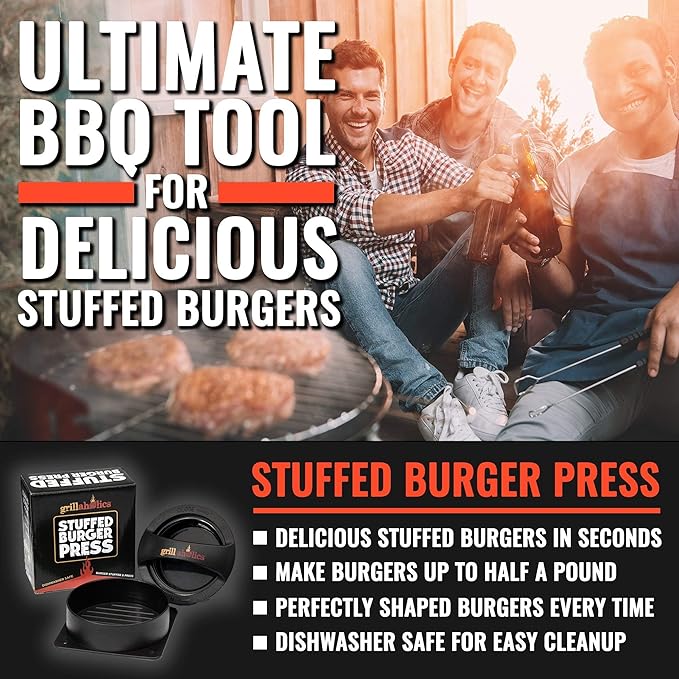 Grillaholics Stuffed Burger Press and Recipe eBook - Extended Warranty - Burger Stuffer & Hamburger Patty Maker - The Perfect Grilling Gift & Stocking Stuffer
