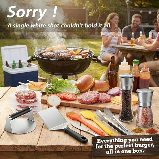 Smash Burger Press Kit - Stainless Steel Burger Smasher & Wide Spatula Set with 100pcs Patty Paper, Shakers, Tongs - Heavy Duty Griddle Accessories BBQ Tools for Flat Top Grill & Cast Iron Skillet