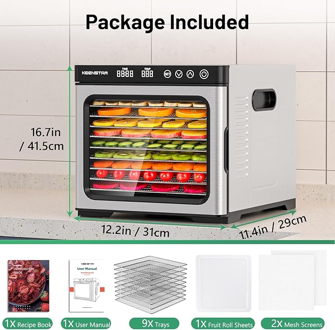 Food Dehydrator Machine, 9 Stainless Steel Trays Jerky Dryer with Digital Adjustable Timer & Temperature Control, 8.7" Drying Space, Dryer Machine for Dog Treats, Herb, Veggies, Meat, Fruit