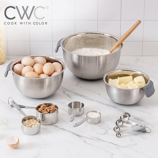 COOK WITH COLOR Stainless Steel Mixing Bowls Set and Measuring Cups - Nesting Bowls with Non-Slip Bottom and Easy-Grip Handles, Grey, 11 Pieces
