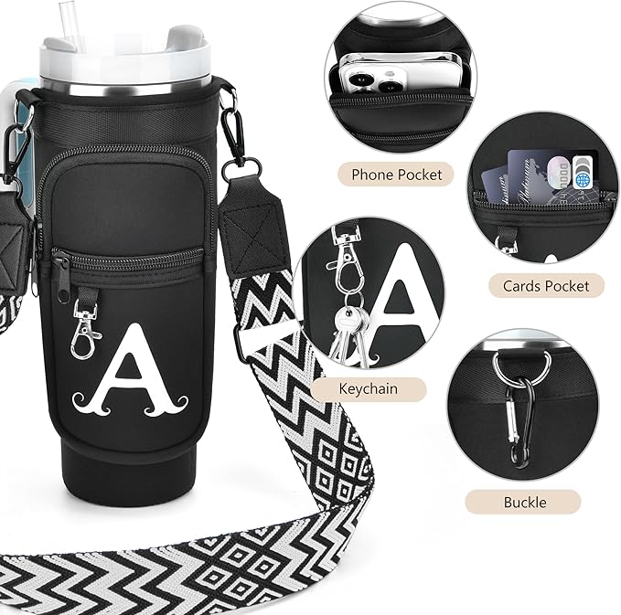 LOKASS Personalized Water Bottle Holder with Strap for Stanley Cup Accessories 40 oz Tumbler, Initial Water Bottle Carrier Bag/Phone Pocket, Mother's Day/Birthday Gifts for Women/Girls