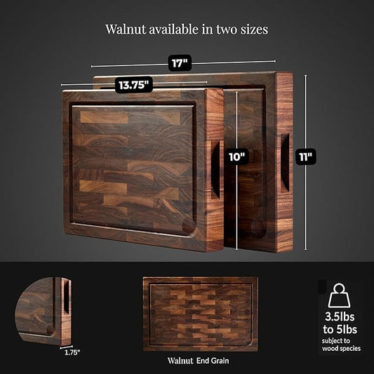 Cutting Board for Kitchen – Wood Cutting Board, Non-Toxic Butcher Block, Walnut Cutting Boards with Juice Groove & Handles, Charcuterie Board – Walnut (End) - 11" x 17" x 1.75"