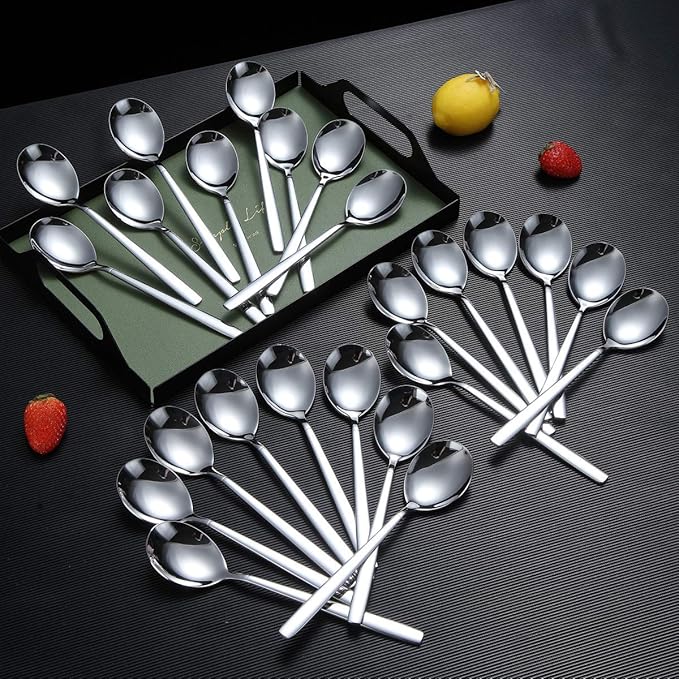 Berglander Dinner Spoon of 24, Stainless Steel Soup Spoons Silverware, Shiny Modern Soup Spoon Table Spoons Set Dishwasher Safe