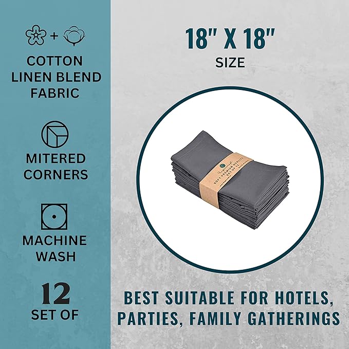 FINGERCRAFT Cloth Napkins, Cotton Linen Mitered Corner Soft Durable Washable Eco-Friendly Napkins Cloth 12 Pack, 18x18 inch Premium Quality for Home Hotel Parties Christmas Wedding Dinner Charcoal