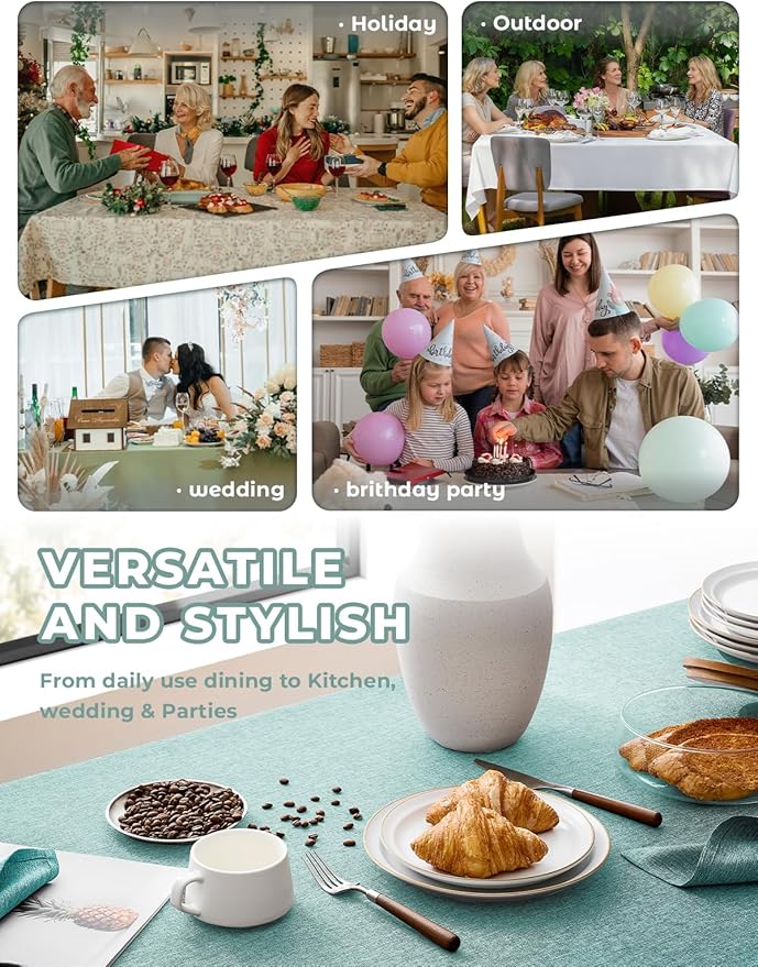 Waterproof Wipeable Table Cloth Rectangle Table for Wedding,Faux Linen Rustic Reusable Rectangular Table Cloth Cover for Dining, Party & Camping(Oblong,60 x 104 Inch (8-10 Seats), Aqua)