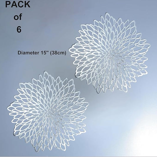Snowkingdom 6 Pack Silver Placemats Metallic Glitter Pressed Vinyl Dinning Table Mats Decorative Round Leaf Charger for Winter Holiday Thanksgiving Christmas