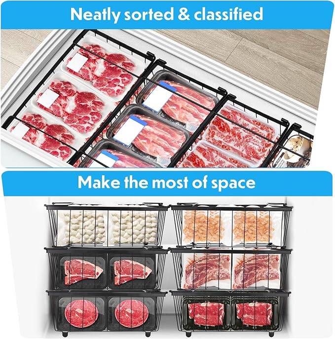 Freezer Organizer Bins 4 Pack Stackable Chest Freezer Organizer for 5 and 7 Cu.FT Deep Freezer Metal Wire Storage Basket with Side Handles Pantry Organization Bins, Get Food Easily
