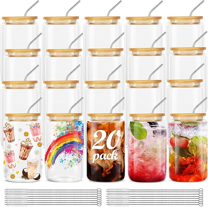 20Pcs Glass Cups With Bamboo Lids and Straws,16Oz Ice Coffee Cup,Drinking Glasses Cups Set,Water Bottles Glasses for Juicing,Beer,Coffee,Soda,Tea-Glass Tumbler Reusable for Gifts