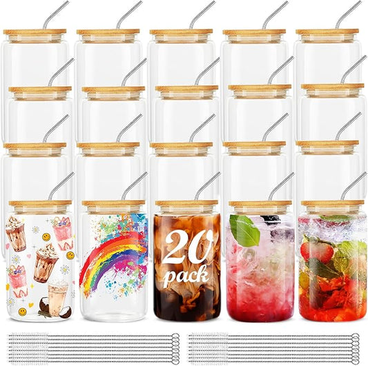 20Pcs Glass Cups With Bamboo Lids and Straws,16Oz Ice Coffee Cup,Drinking Glasses Cups Set,Water Bottles Glasses for Juicing,Beer,Coffee,Soda,Tea-Glass Tumbler Reusable for Gifts