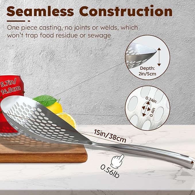 MARTE Kitchen Skimmer Slotted Spoon,[Rustproof, Integral Forming,High Grade 316 Stainless Steel] Pasta Service Strainer Scoop with Vacuum Ergonomic Handle, Good Grip Strainer Ladle for Cooking,15Inch