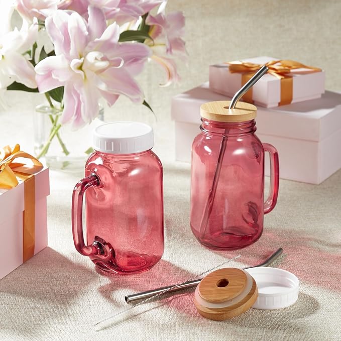 DRASTAR 24oz Drinking Glasses with Handle, Mason Jar with Lid and Straw, Mason Jars with Regular Mouth, Iced Coffee Cups, Pink