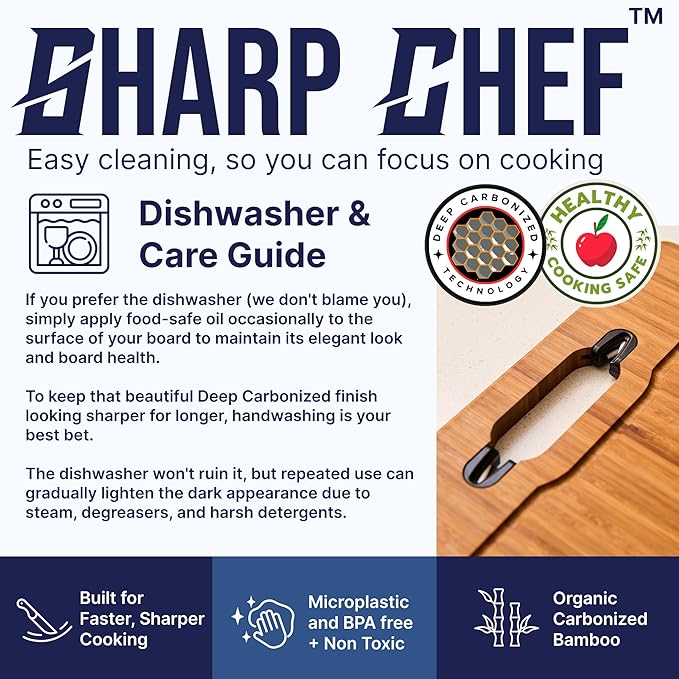 Sharp Chef Deep Carbonized Bamboo Cutting Board, Dual Sharpener – 17x12in Large Wood Cutting Board with Juice Groove, Dishwasher Safe, Giftable – Durable & Reversible Wooden Chopping Block for Kitchen
