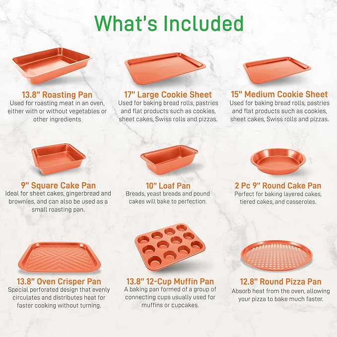 NutriChef 10-Piece Oven Baking Pans Set - Deluxe Carbon Steel Bakeware Set with Non-stick Gray Coating Inside and Out, Dishwasher Safe & PFOA, PFOS, PTFE Free