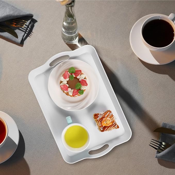 2 Pack Melamine Serving Trays with Handles, Large White Rectangular Serving Platter, Unbreakable, Suitable for Salad, Meat, Fruit Dessert, Cupcakes, Dishwasher Safe, 16.5×11×1.26 Inches