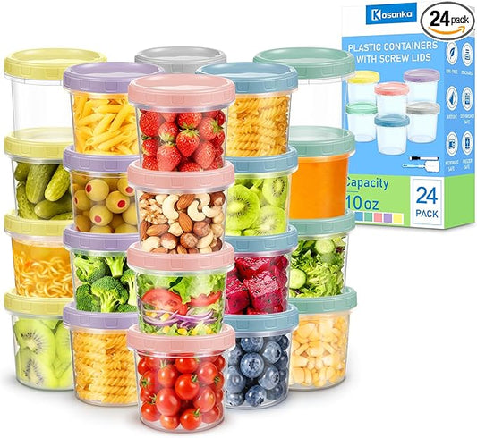 24 Piece 10 oz Plastic Food Storage Containers with Lids, Reusable Freezer Storage Containers, Small Meal Prep Containers with Pen and Brush, BPA-Free, Screw Top, Microwave & Dishwasher Safe
