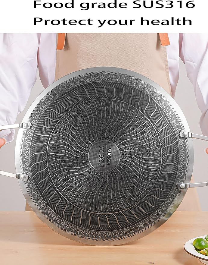 Korean Grill Pan,Nonstick Round Griddle Grill Pan for Korean BBQ Nonstick Round Griddle Grill Pan, Portable Round Cast Stainless Steel Skillet with Handle for Indoor or Outdoor Grilling,14.9 in