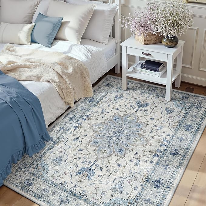 Area Rugs 3'x4' Washable Non-Slip, Floral Vintage Distress Print Pattern Medallion Carpet for Living Room Bedroom Dining Room, Light Blue Navy Beige Gray White