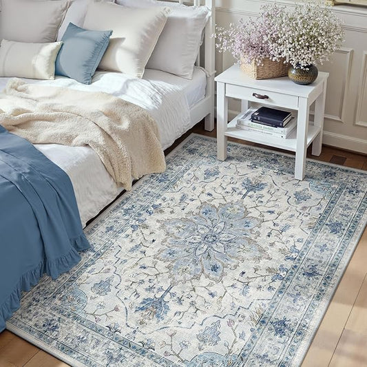 Area Rugs 3'x4' Washable Non-Slip, Floral Vintage Distress Print Pattern Medallion Carpet for Living Room Bedroom Dining Room, Light Blue Navy Beige Gray White