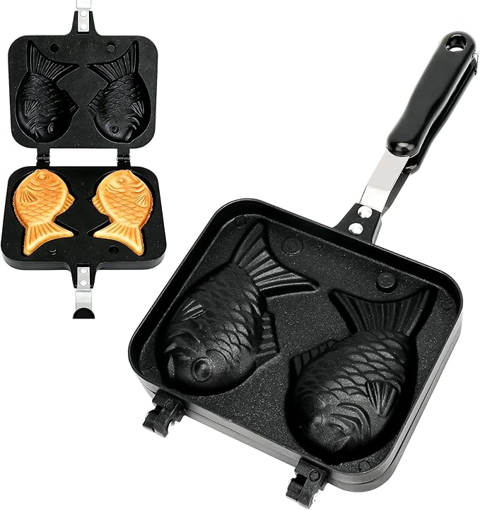 Taiyaki Fish Shape Cake Pan,Non-stick Double Waffle Cake Maker with Long Handle and Oil brush,for Dessert,Dorayaki,Red Bean Pie,mini Cheese Cake