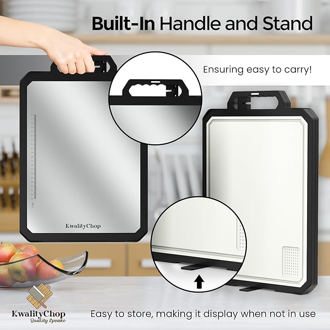 Double-sided Stainless steel cutting board with knife sharpener & stand -17x12" Stainless steel cutting boards for kitchen - Dishwasher Safe cutting boards,chopping board, large cutting board/PP