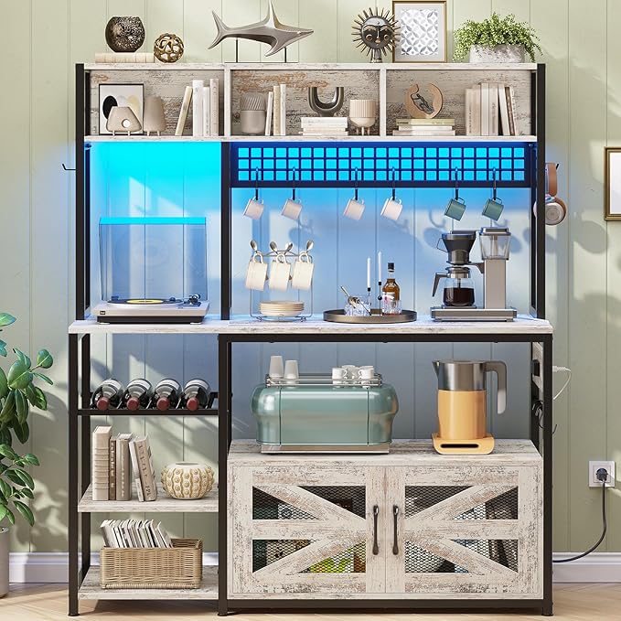Itaar 47.2 Inch Bakers Rack with Power Outlet, Microwave Stand with Storage, Farmhouse Coffee Bar Cabinet Station with Wine Rack, Iron Mesh and 8-S Hooks, Vintage White