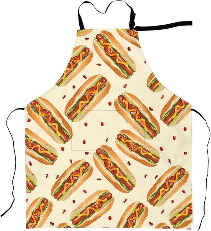 Hot Dog Print Apron Funny Retro Food Aprons Waterproof Oxford Polyester Adjustable Pockets Design for Cooking, Crafting, Barbecue Kitchen Decor, for Adults, 28x33 Inch