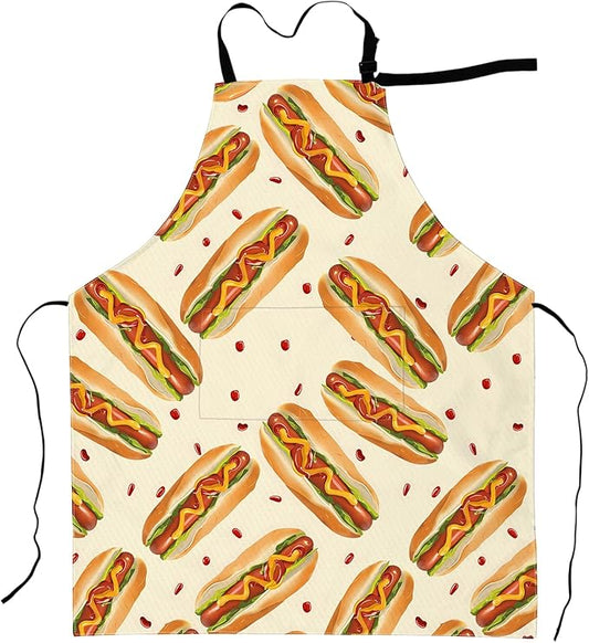 Hot Dog Print Apron Funny Retro Food Aprons Waterproof Oxford Polyester Adjustable Pockets Design for Cooking, Crafting, Barbecue Kitchen Decor, for Adults, 28x33 Inch