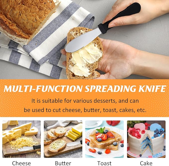 Cunno 12 Pcs Butter Spreader Knives Wide Blade Stainless Steel Cheese Spreader Knife Black Plastic Handle Slicing or Spreading Knife for Slicing Bread Cream Sandwich Condiment Kitchen 9.1 Inch