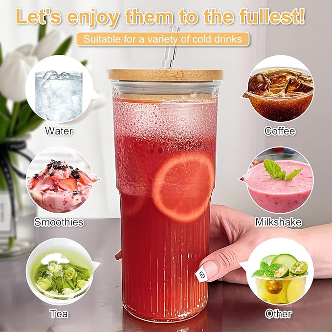 32oz Ribbed Glassware Large Cup, Glass Cups With Lids And Straws,Iced Coffee Cups With Lids,Glasses Drinking Set,Cute Cups,Boba Cup,With Straw Brush,Ideal Gift