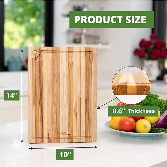 BEEFURNI Small Teak Cutting Board with Juice Groove and Hanging Hole (14x10x0.6"), Durable Wooden Cutting Boards for Kitchen, Chopping & Serving Board, Non Toxic, Christmas Gift for Her