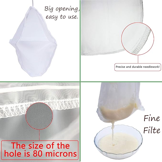 3 Pack - Ultra Fine Nut Milk Bag, 12X12 Inches, 80 Micron, Multiple Usage Reusable Food Strainer, Cold Brew Coffee Bag, Food Grade Nylon Mesh, BPA-Free, Cheesecloth Bag, Yogurt Strainer, Juice Filter