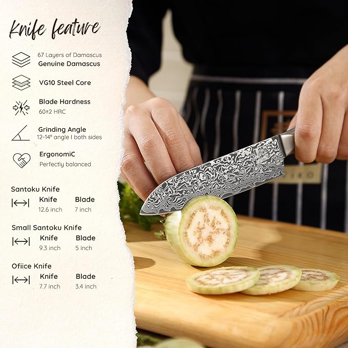 zayiko Black Edition 3-pc Damascus knife set, blades 3.3 to 7-inch in length - extremely sharp from 67 layers of genuine Japanese damascus steel with Pakkawood handles, chef's knife set