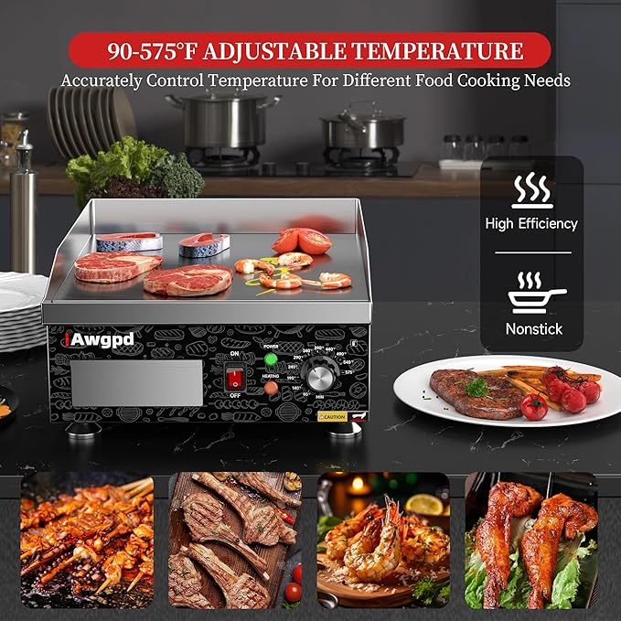 Electric Griddle,1800W 14 Inch Flat Top Grill Commercial Electric Griddles,14 Inch Electric Countertop Griddles Stainless Steel Adjustable Temperature Control 90℉-575℉ for Home or Restaurant Use