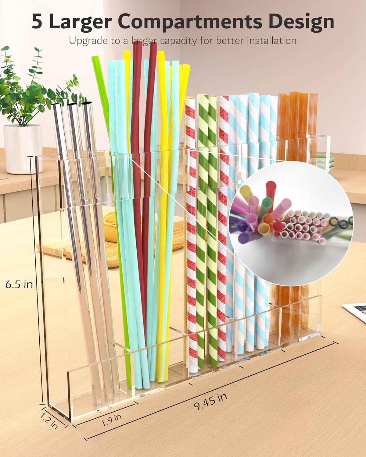 Upgraded 9.6'' Large Acrylic Straw Holder for Cabinet Door, Space-Saving Straw Organizer Storage Dispenser for Cabinet Doors or Countertops, Strong Adhesive Double-sided Tape Included