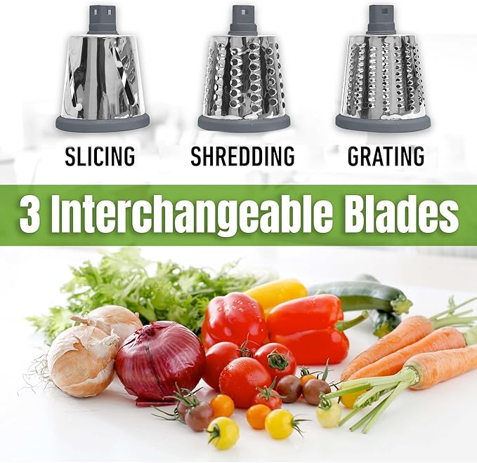 EMSON Rotary Cheese Grater Hand Crank, Stainless Steel Rotary Graters for Kitchen with 3 Blades, Vegetable Slicer, Cheese Shredder with Suction Cup Base, Dishwasher Safe - Gray