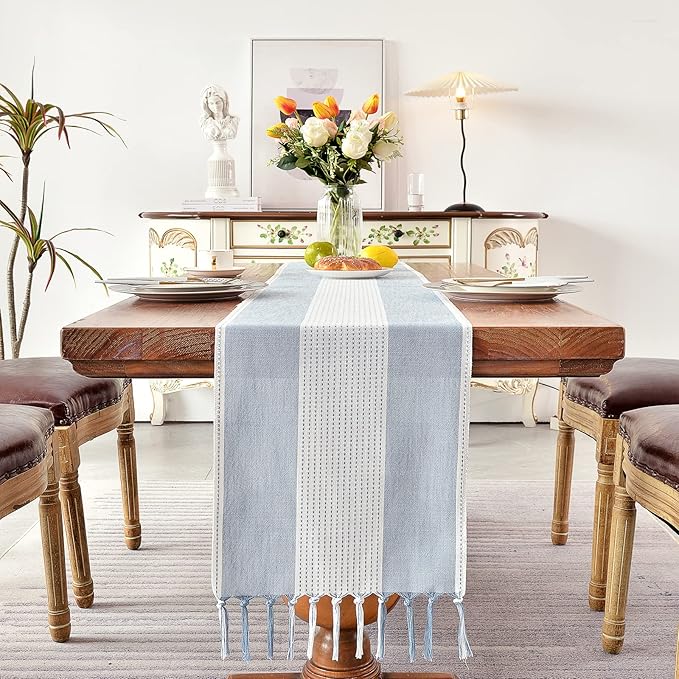 Wracra Linen Table Runner, Farmhouse Macrame Table Runners 90 Inches Long for Dining Table Decor, Wedding, Party and Dresser Decor (Blue,90")