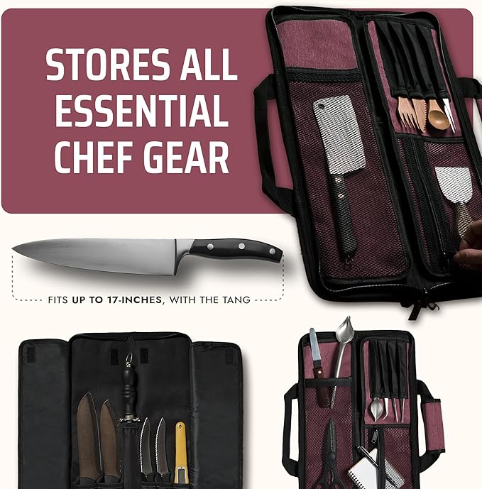 Asaya Chef Knife Roll Bag - 12 Pockets for Knives and Kitchen Utensils - Lightweight, Durable, and Stain Resistant Nylon - Perfect for the Traveling Chef - Knives not Included (Red)