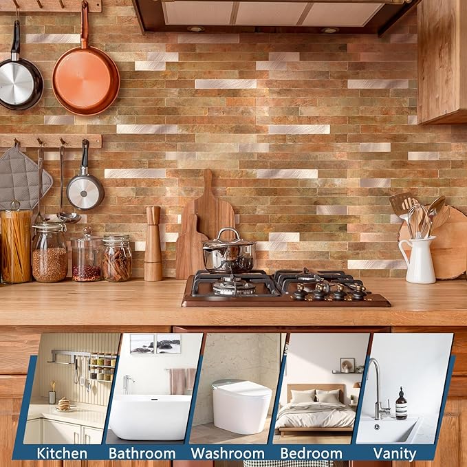 Yipscazo 10 Sheets PVC Wall Tiles Stick on Tiles for Backsplash Kitchen, Bathroom, Laundry Room, Camper, Fireplace (6'' X 12'', Copper Metal)